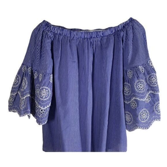 Rebellion Blue Striped Peasant Blouse Women’s Large Off Shoulder Bell Sleeve - Picture 2 of 9